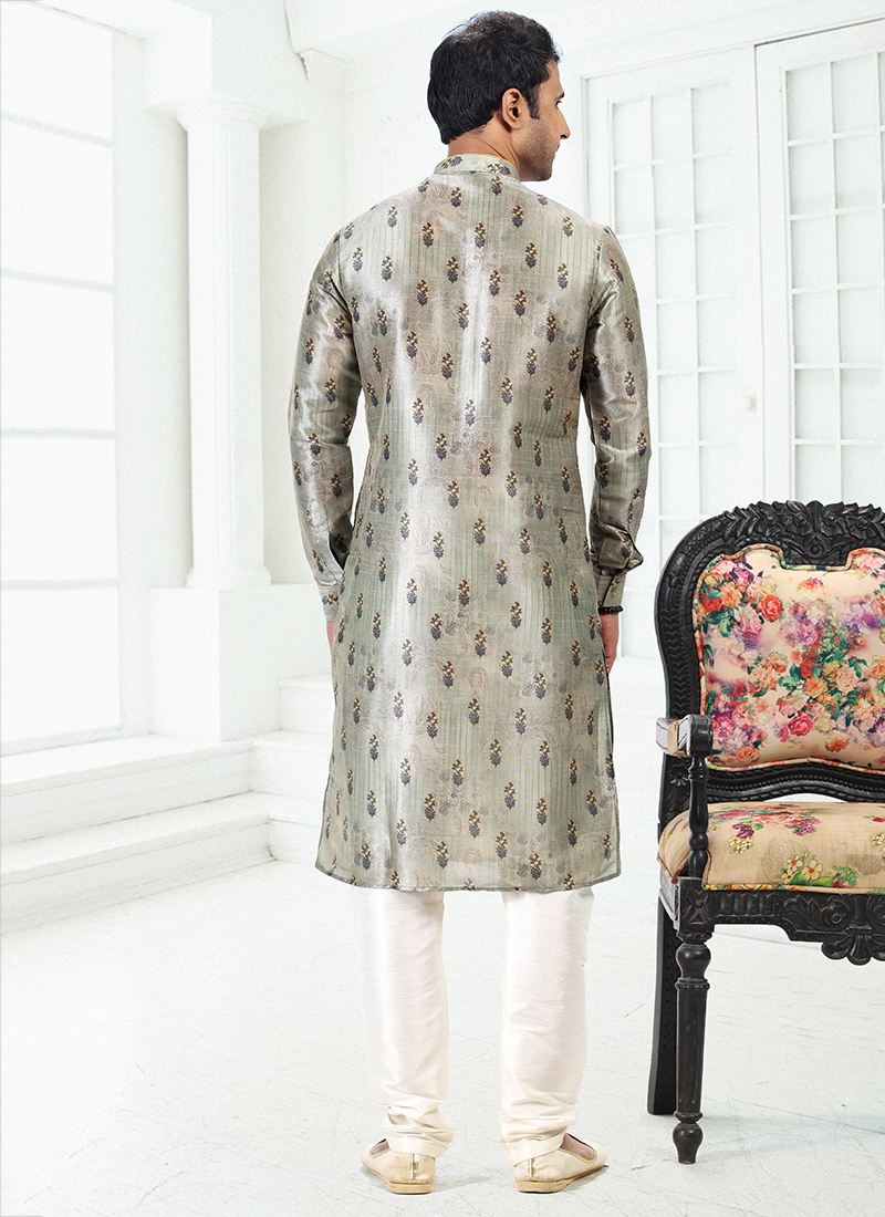 Green Kurta Pajama Print On Banarasi Silk main image 1